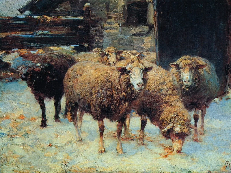 1850-Heinrich Johann von Zügel - Pecore davanti alla stalla in inverno